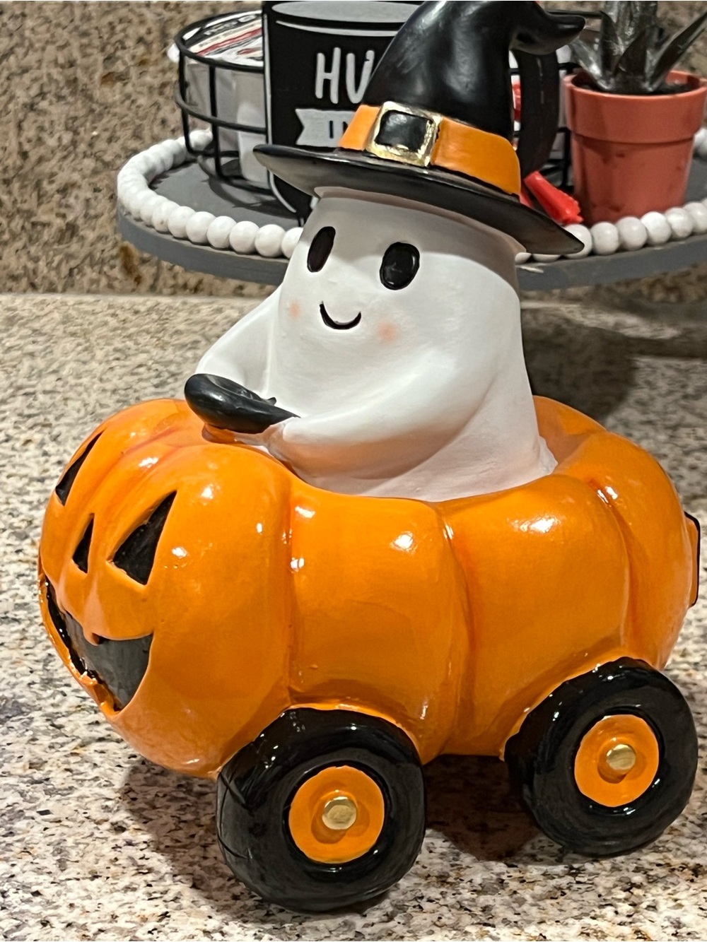 Halloween Ghost in Pumpkin Wagon Ceramic Decor - Orange & White
